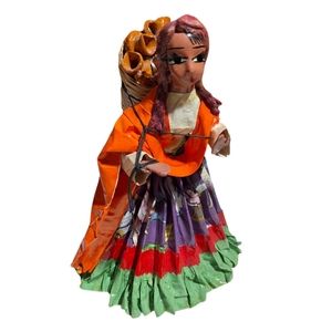 Vintage Folk Art Doll Paper Maché Woman With basket on full of clay pottery 9.5"